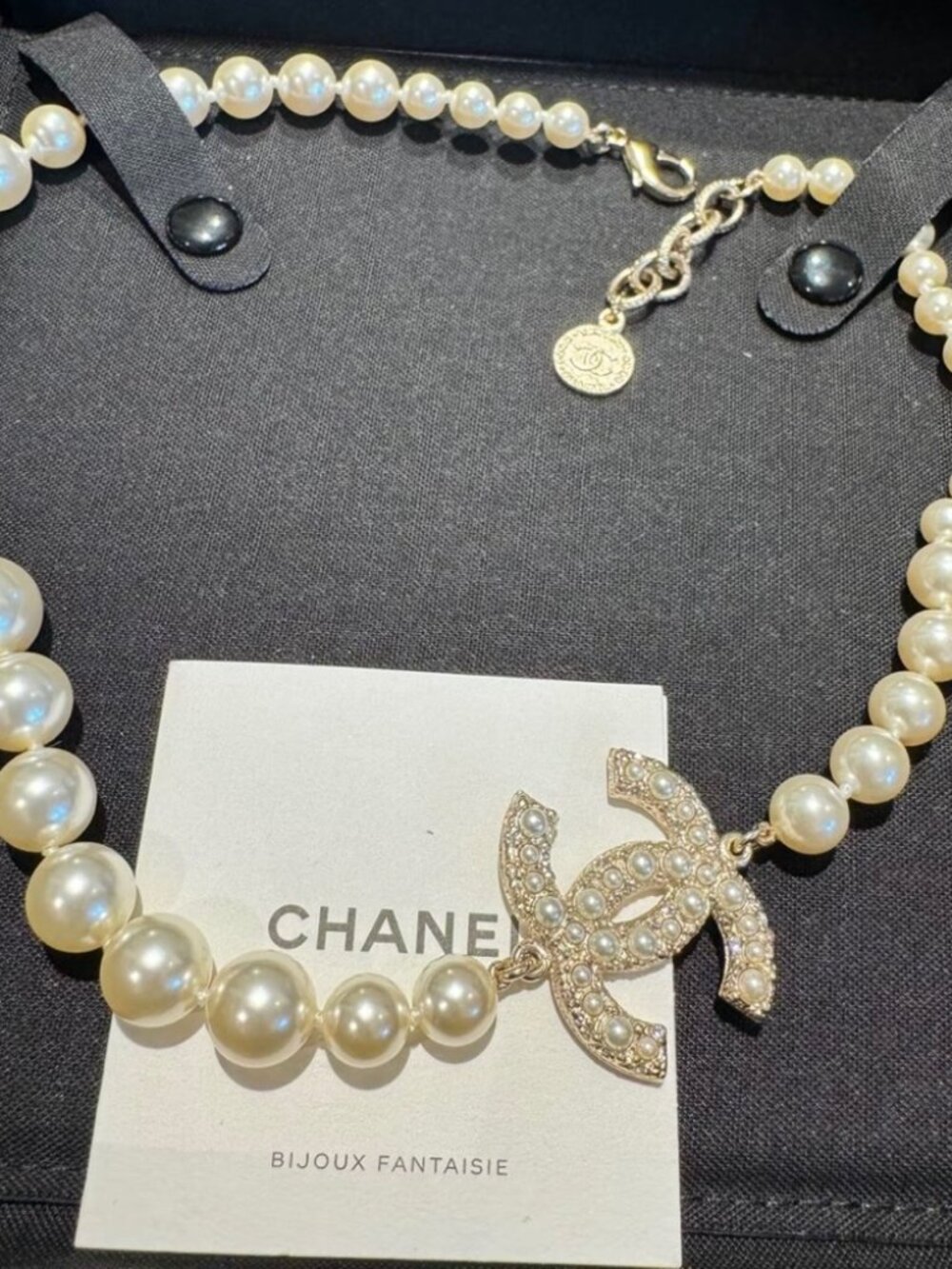CHANEL Cream Pearl Necklace with Gold-Tone Crystal CC Pendant